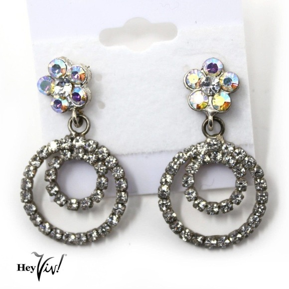 Vintage 80s Dangle Rhinestone Earrings Double Hoops New/Old Stock - Hey Viv - Picture 1 of 3
